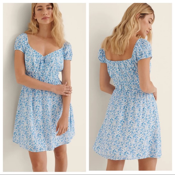 NA-KD Dresses & Skirts - NA-KD x Amaka Hamelijnck front tie smocked waist mini dress in blue floral